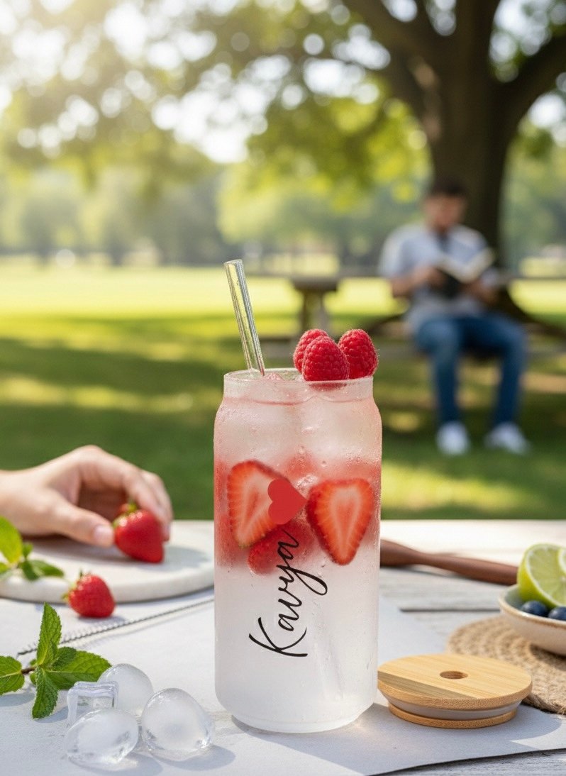 Frosted Glass Can Tumbler with Bamboo Lid & Straw