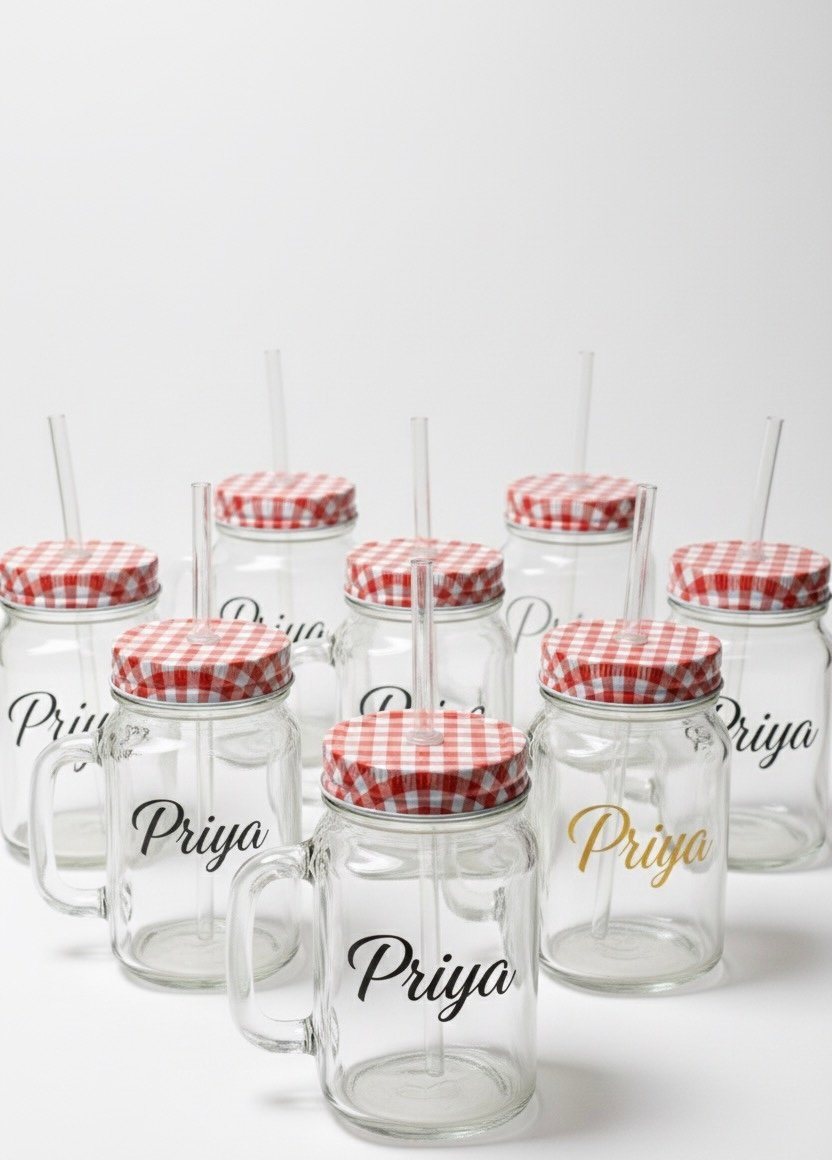 Personalized Mason Jar Mug with Handle  – Custom Name Vinyl Decal & Checkered Lid