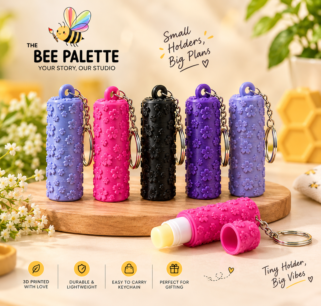 3D Printed Floral Lip Balm Keychain Holder