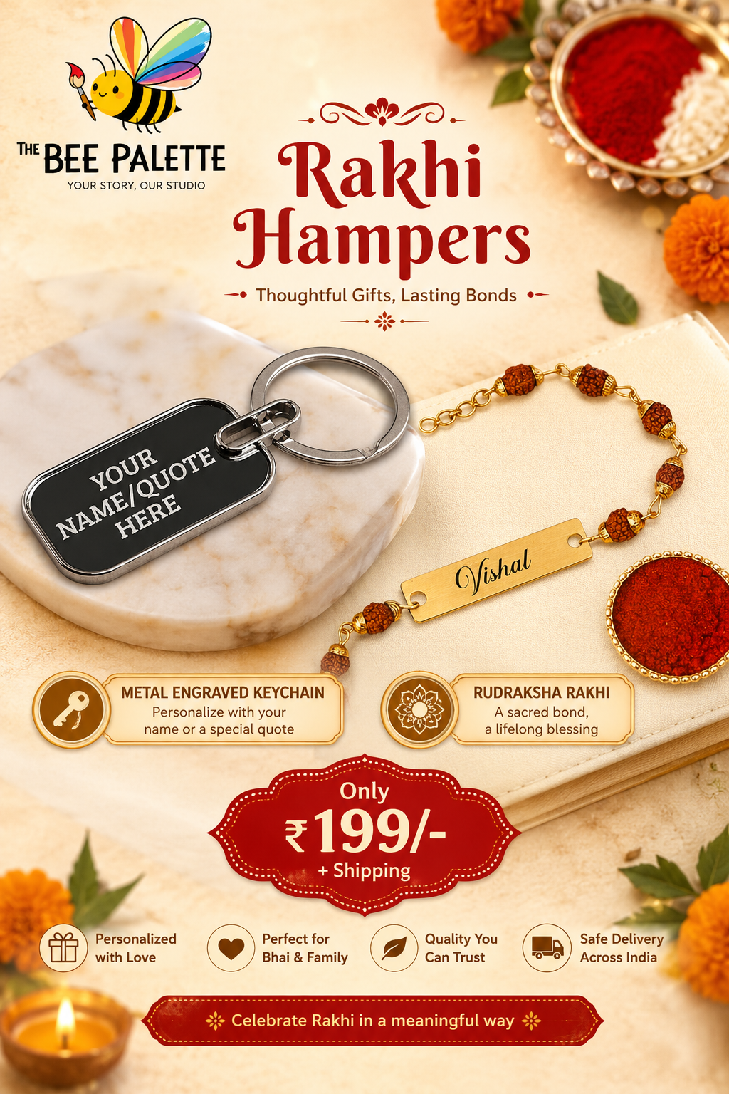 Metal Engraved Keychain & Rudraksha Rakhi Sibling Hamper